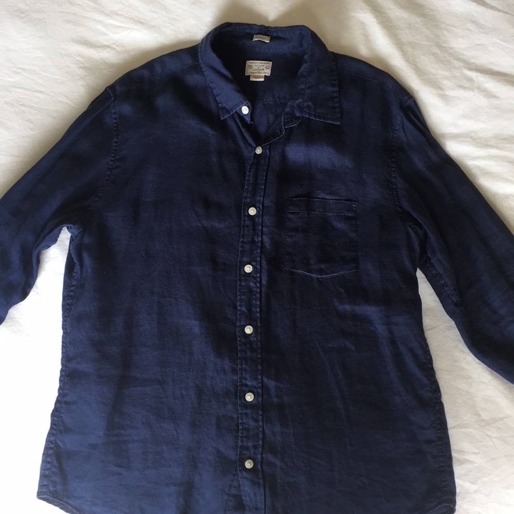 J crew slim fit large navy 100% linen shirt
